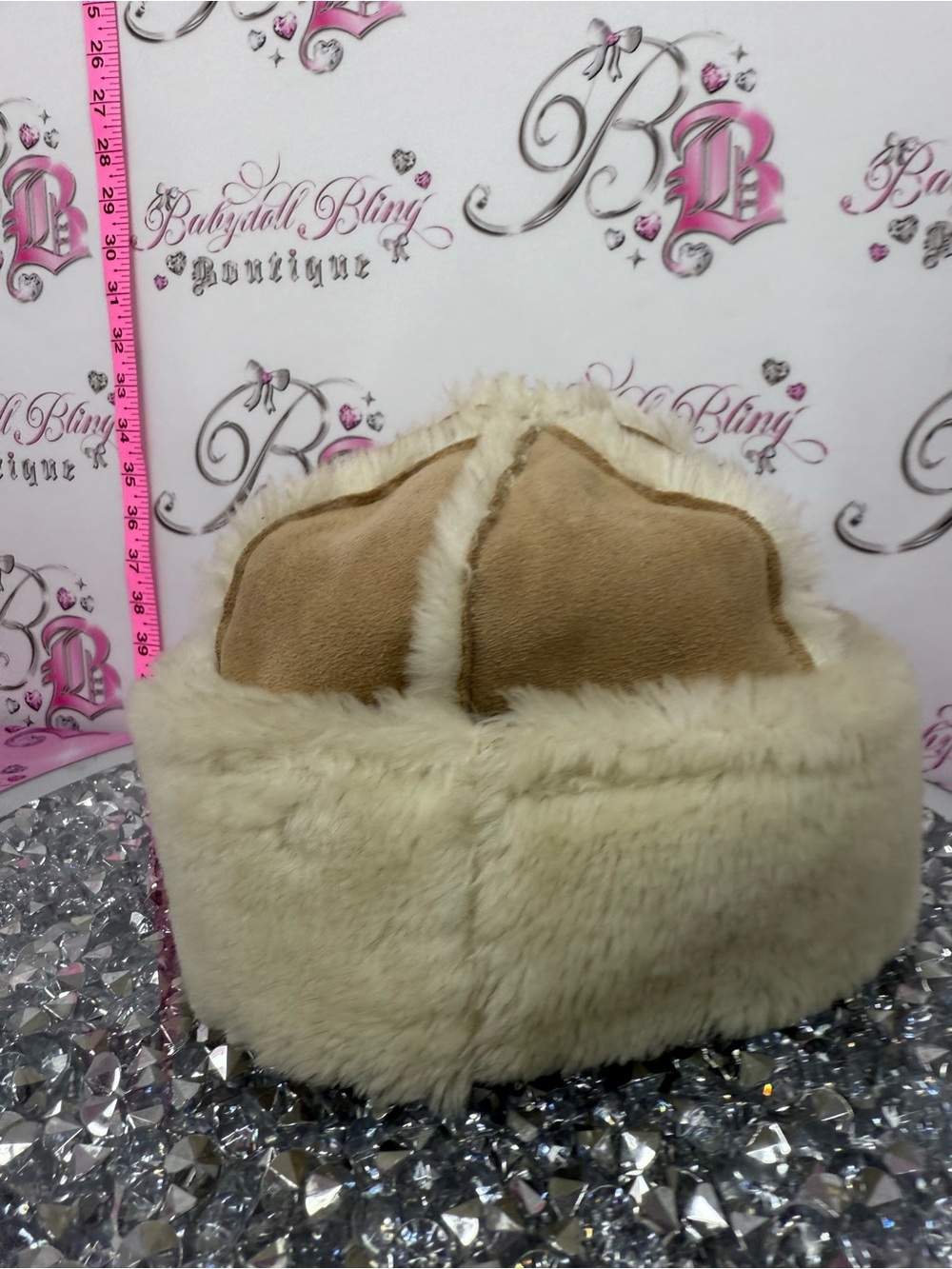 BHS England London hat toque furry fur Tan & Cream Faux Shearling Beret
